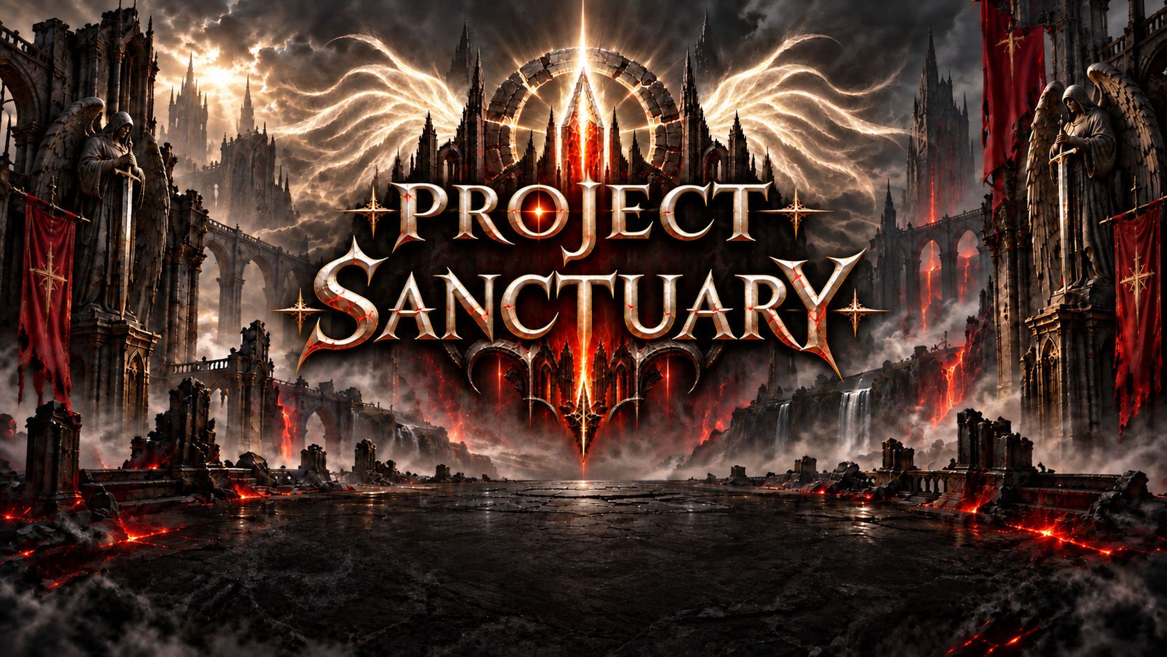 Project Sanctuary, framed by a ruined cathedral, angelic light and glowing embers